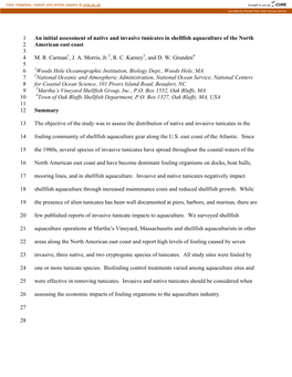 Preliminary Assessment of Native and Invasive Tunicates in Shellfish Aquaculture of New England and the Mid-Atlantic States, US