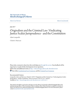 Originalism and the Criminal Law: Vindicating Justice Scalia's Jurisprudence - and the Constitution Adam Lamparello