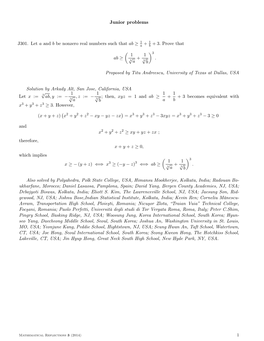 Junior Problems J301. Let a and B Be Nonzero Real Numbers Such That Ab ≥ + 1 + 3. Prove That Ab