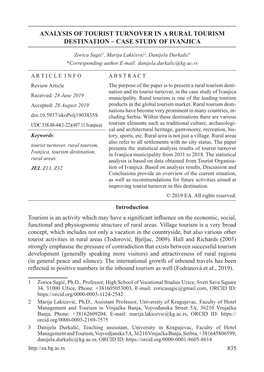 Analysis of Tourist Turnover in a Rural Tourism Destination – Case Study of Ivanjica