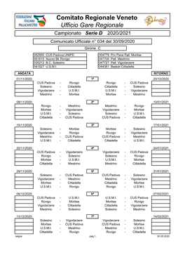 Comitato Regionale Veneto Ufficio Gare Regionale Campionato Serie D 2020/2021 Comunicato Ufficiale N° 034 Del 30/09/2020 Girone C