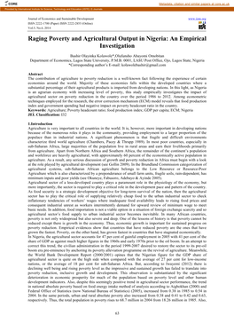 Raging Poverty and Agricultural Output in Nigeria: an Empirical Investigation