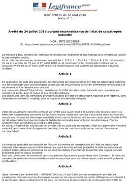 Arrêté Du 24 Juillet 2018 Portant Reconnaissance De L'état De Catastrophe Naturelle