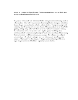 Arnold, A. Pronouncing Three-Segment Final Consonant Clusters: a Case Study with Arabic Speakers Learning English (2010)