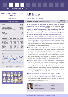 AB Inbev 11Th October 2016 Fox in the Hen House BUY Vs