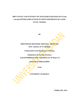 PREVALENCE and INTENSITY of NEMATODE PARASITES of Poecilia Reticulata PETERS (1859) in FOUR WASTEWATER DRAINS of LAGOS STATE, NIGERIA