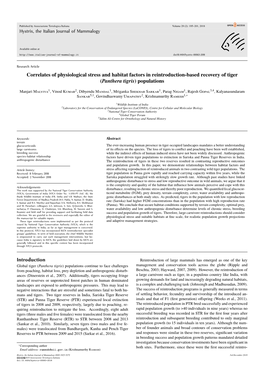 Correlates of Physiological Stress and Habitat Factors in Reintroduction-Based Recovery of Tiger (Panthera Tigris) Populations