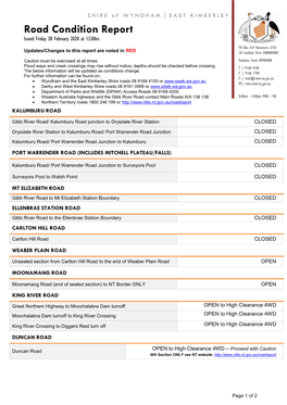 Road Condition Report Issued Friday 28 February 2020 at 1330Hrs