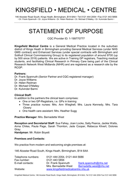 Statement of Purpose Kingsfield Medical Centre