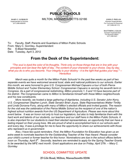 From the Desk of the Superintendent