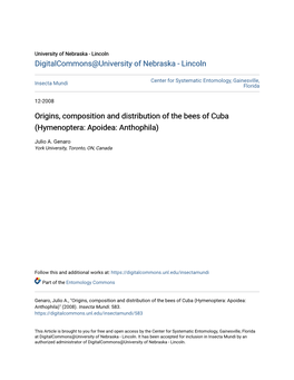 Origins, Composition and Distribution of the Bees of Cuba (Hymenoptera: Apoidea: Anthophila)