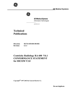 Centricity Radiology RA 600 V6.1 CONFORMANCE STATEMENT for DICOM V3.0