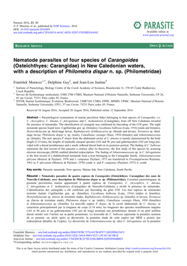 Nematode Parasites of Four Species of Carangoides (Osteichthyes: Carangidae) in New Caledonian Waters, with a Description of Philometra Dispar N