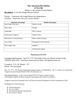 The American Revolution 1775-1783 Britain Vs