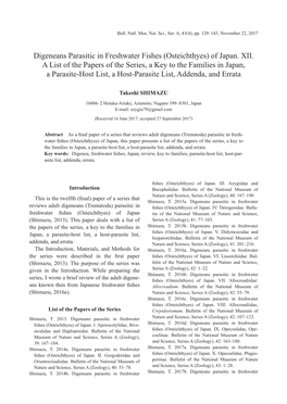 Digeneans Parasitic in Freshwater Fishes (Osteichthyes) of Japan. XII. a List of the Papers of the Series, a Key to the Familie