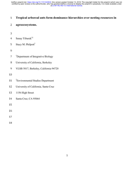 Tropical Arboreal Ants Form Dominance Hierarchies Over Nesting Resources in Agroecosystems