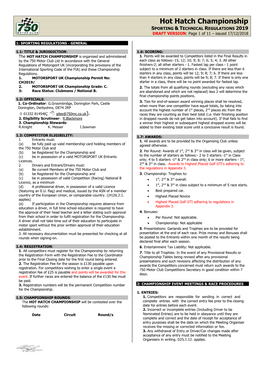 Hot Hatch Championship SPORTING & TECHNICAL REGULATIONS 2019 DRAFT VERSION: Page 1 of 11 – Issued 17/12/2018