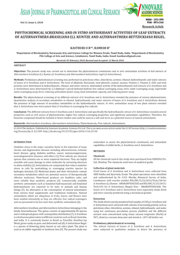 Phytochemical Screening and in Vitro Antioxidant Activities of Leaf Extracts of Alternanthera Brasiliana (L)