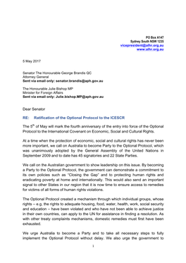 Dear Senator RE: Ratification of the Optional Protocol to the ICESCR the 5Th of May Will Mark the Fourth Anniversary of the En