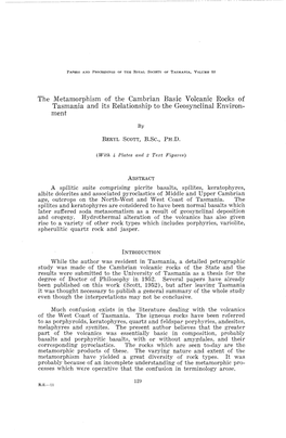 The Metamorphism of the Cambrian Basic Volcanic Rocks of Tasmania and Its Relationship to the Geosynclinal Environ­ Ment