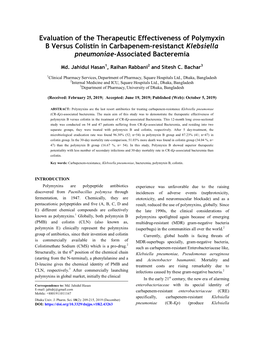 Evaluation of the Therapeutic Effectiveness of Polymyxin B Versus Colistin in Carbapenem-Resistanct Klebsiella Pneumoniae-Associated Bacteremia