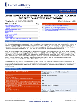 IN-NETWORK EXCEPTIONS for BREAST RECONSTRUCTION SURGERY FOLLOWING MASTECTOMY Policy Number: ADMINISTRATIVE 202.14 T2 Effective Date: April 1, 2018