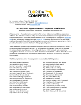 36 Co-Sponsors Support the Florida Competitive Workforce Act -Bipartisan Support Shown to Modernize Florida’S Anti-Discrimination Law