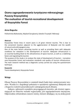 Ocena Zagospodarowania Turystyczno-Rekreacyjnego Puszczy Knyszyńskiej the Evaluation of Tourist-Recreational Developement of Knyszyńska Forest