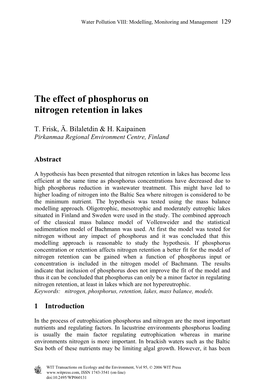 The Effect of Phosphorus on Nitrogen Retention in Lakes