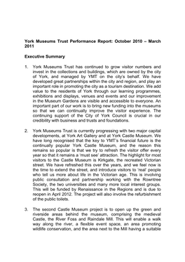 York Museums Trust Performance Report: October 2010 – March 2011