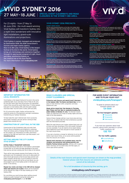 Vivid Sydney 2016 Special Event Clearways and Road 27 May– 18 June Closures in the Sydney Cbd Area