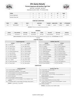 CFL Game Details Toronto Argonauts @ Hamilton Tiger-Cats Week #15 - Game #69 - Year 2017 September 30, 2017-18:30 - Tim Hortons Field