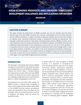 Asean Economic Prospects Amid Emerging Turbulence: Development Challenges and Implications for Reform Khuong Vu