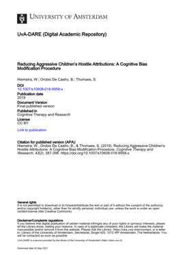 Reducing Aggressive Children's Hostile Attributions: a Cognitive