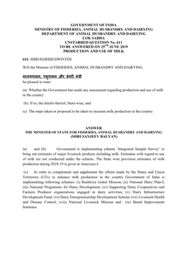 GOVERNMENT of INDIA MINISTRY of FISHERIES, ANIMAL HUSBANDRY and DAIRYING DEPARTMENT of ANIMAL HUSBANDRY and DAIRYING LOK SABHA UNSTARRED QUESTION No