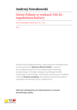 Andrzej Nowakowski Górne Pobuże W Wiekach VIII-XI : Zagadnienia Kultury