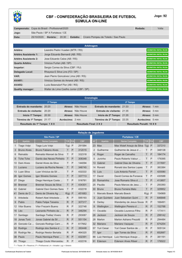 CBF - CONFEDERAÇÃO BRASILEIRA DE FUTEBOL Jogo: 92 SÚMULA ON-LINE