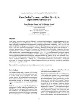 Water Quality Parameters and Bird Diversity in Jagdishpur Reservoir, Nepal