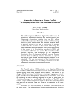 Attempting to Resolve an Ethnic Conflict: the Language of the 2001 Macedonian Constitution1