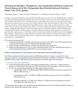 Summary of Nitrogen, Phosphorus, and Suspended-Sediment Loads and Trends Measured at the Chesapeake Bay Nontidal Network Stations: Water Year 2016 Update