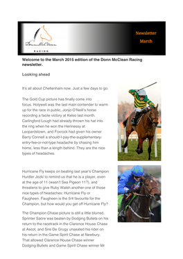 Welcome to the March 2015 Edition of the Donn Mcclean Racing Newsletter. Looking Ahead