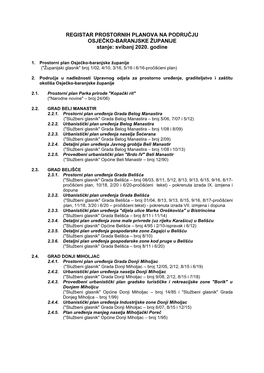 REGISTAR PROSTORNIH PLANOVA NA PODRUČJU OSJEČKO-BARANJSKE ŽUPANIJE Stanje: Svibanj 2020