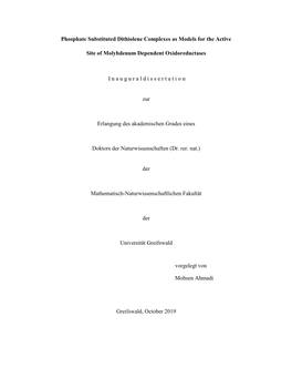 Phosphate Substituted Dithiolene Complexes As Models for the Active Site of Molybdenum Dependent Oxidoreductases I N a U G U