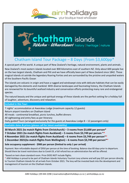 Chatham Island Tour Package – 8 Days |From $3,600Pp*