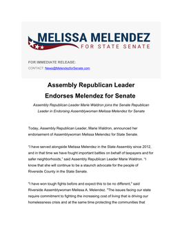 Assembly Republican Leader Endorses Melendez for Senate