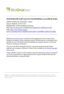 SYSTEMATICS of SALVIA PACHYPHYLLA (LAMIACEAE) Author(S): Robin M