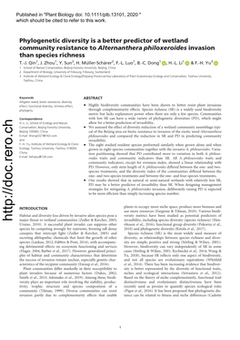 Phylogenetic Diversity Is a Better Predictor of Wetland Community Resistance to Alternanthera Philoxeroides Invasion Than Species Richness T.-J