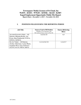 KXSS – WWJO – KMXK – KLZZ - KZRV Equal Employment Opportunity Public File Report Report Dates: December 1, 2013 – November 30, 2014