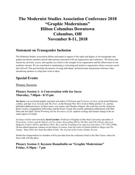 The Modernist Studies Association Conference 2018 “Graphic Modernisms” Hilton Columbus Downtown Columbus, OH November 8-11, 2018