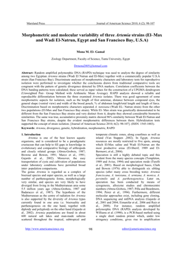 Morphometric and Molecular Variability of Three Artemia Strains (El–Max and Wadi El-Natrun, Egypt and San Francisco Bay, U.S.A)